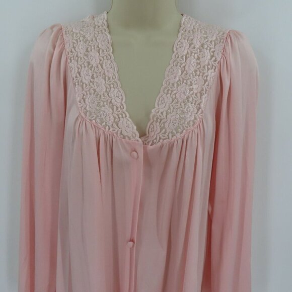 VTG Vanity Fair Women Medium Solid Pink Lace Trim Button Front Nightgown Dress - Picture 2 of 11